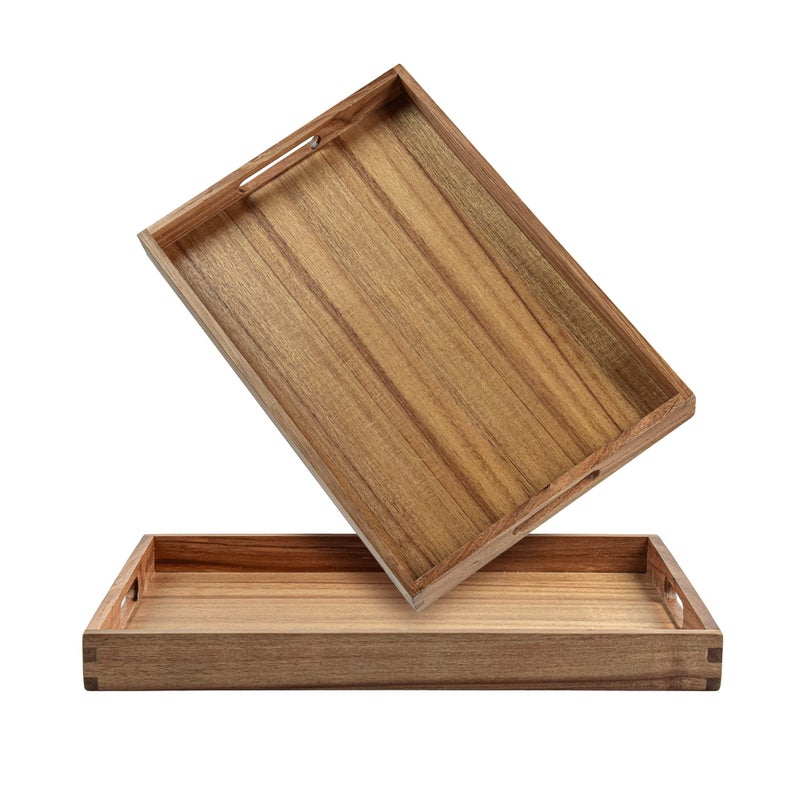 KITEISCAT Acacia Wood Serving Tray with Handles Set of 2 17Inch Decorative Wooden Tray Perfect for Breakfast Lunch Dinner Ottoman Coffee Table Living Room and Couch Tray