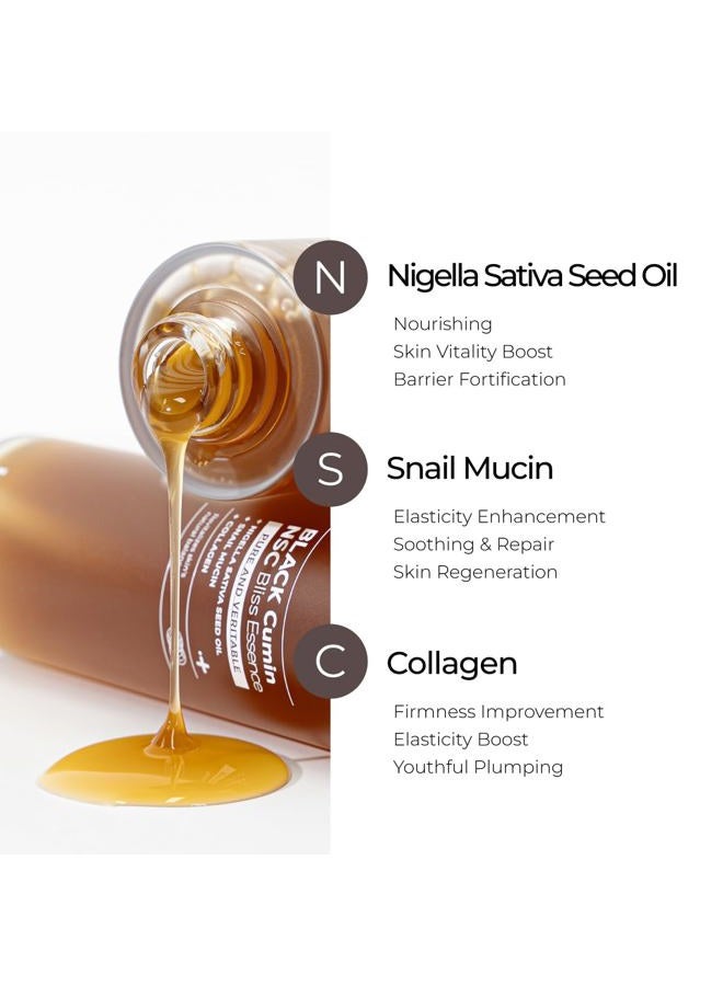 IZEZE BLACK Cumin NSC Bliss Essence 3.38 fl.oz, 100ml l Snail Mucin Essence, Low Molecular Collagen, Hydrating Korean Skin Care for Wrinkles, Good Molecules, Nigella Sativa Seed Oil, Thymoquinone - Image 4