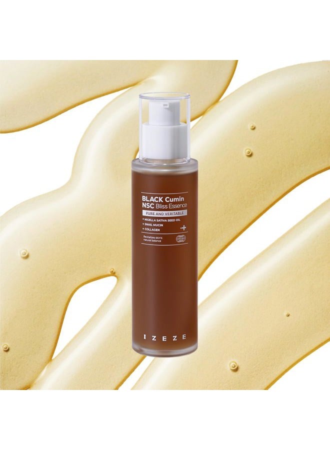 IZEZE BLACK Cumin NSC Bliss Essence 3.38 fl.oz, 100ml l Snail Mucin Essence, Low Molecular Collagen, Hydrating Korean Skin Care for Wrinkles, Good Molecules, Nigella Sativa Seed Oil, Thymoquinone - Image 1