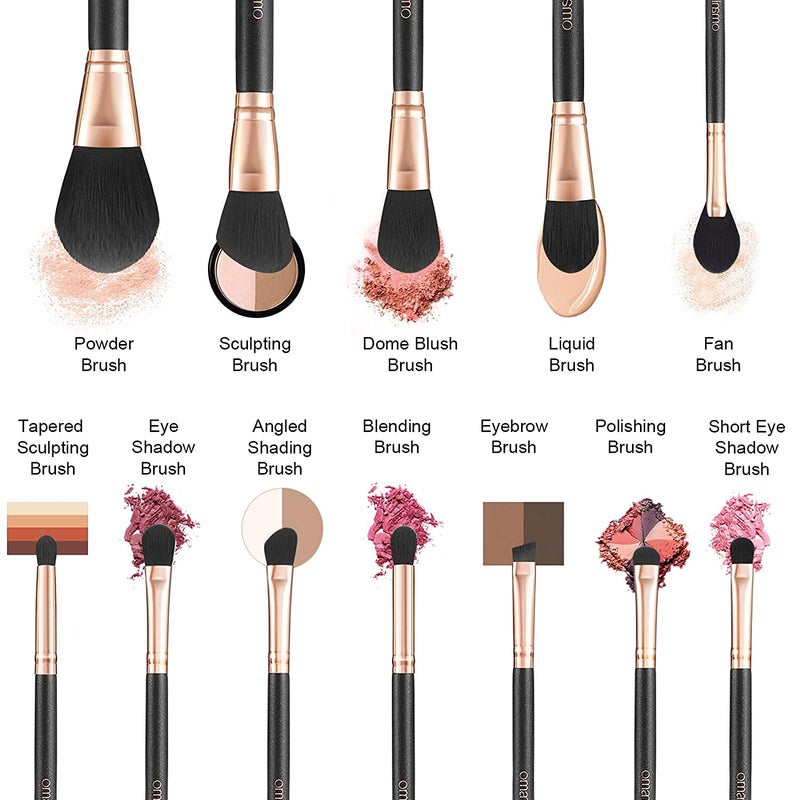 OMANIAC Makeup Brush Set Professional, 12 Pearlescent Wood Handle Makeup Brushes, Premium Cruelty-Free Synthetic Fiber Hair, Travel Make up Brushes Set with Case (Black). - Image 4