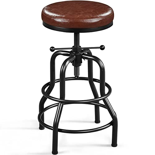 Yaheetech Industrial Bar Stools Rustic Kitchen Height Adjustable Barstool 545715 cm Chairs Round with Faux Leather Seat Footrest for Kitchen Counter Home Bar 1PCS