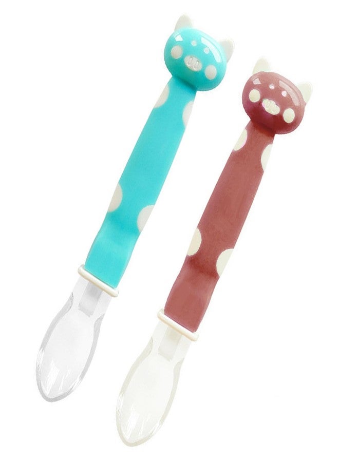 Mopslik Soft Silicone Gel Tip Baby Infant Feeding Training Cartoon Animal Spoon Pack of 2 (Blue Brown) - Image 1
