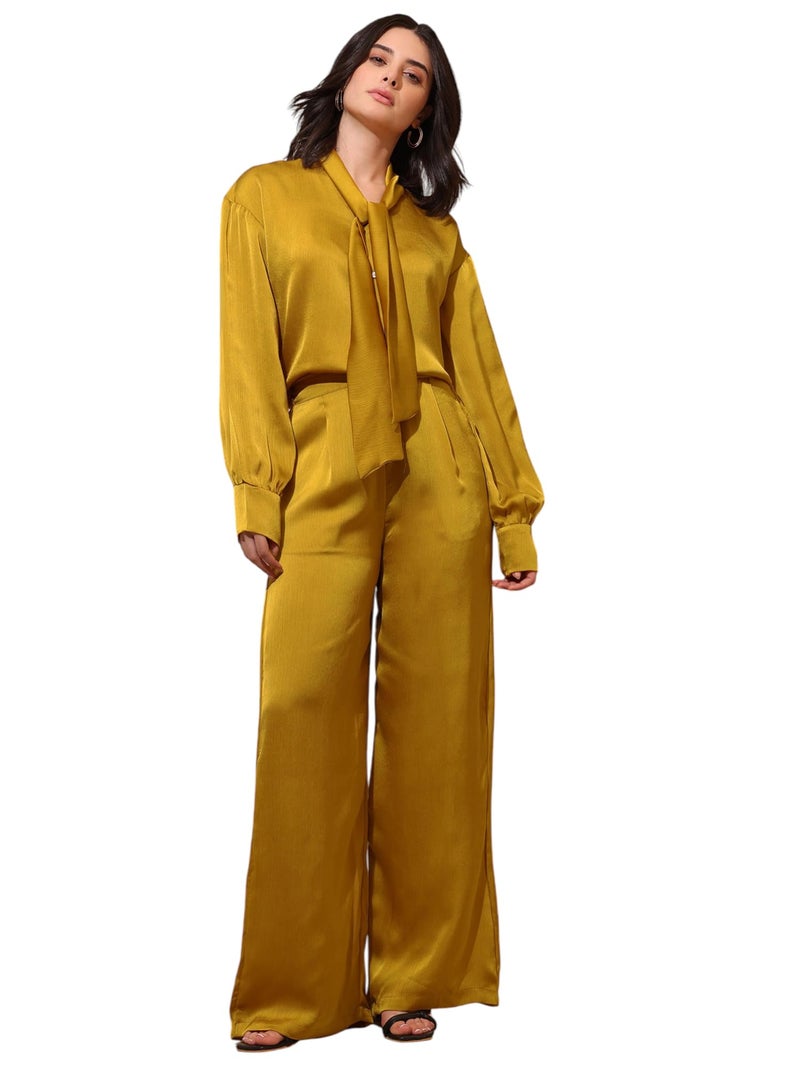 PURVAJA Women’s Midi Satin Yellow Co-Ords(Razy-041-L) - Image 1