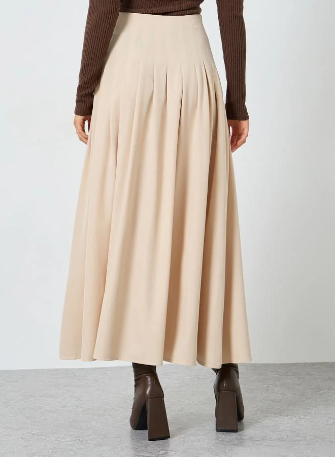Styli Beige Solid A-Line Pleated Maxi Skirt