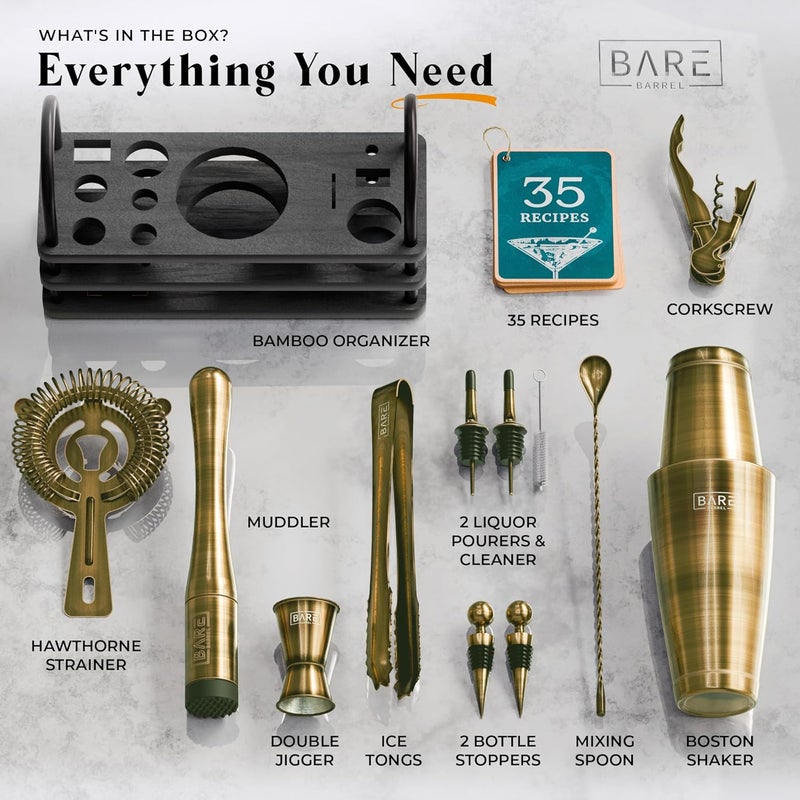 Bare Barrel ® Mixology Bartender Kit Bar Set | 14-Piece Cocktail Shaker Set | Martini Barware Mixing Tools for Home Bartending | 35 Recipe Cards | Gift Set (28oz Boston Shaker, Bronze Brass/Black) - Image 4