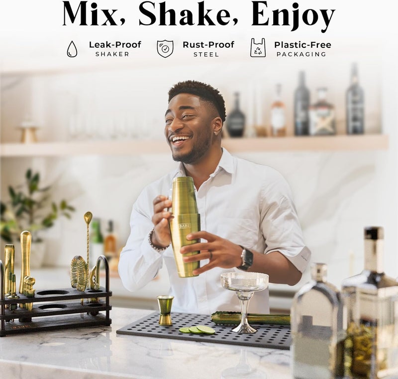 Bare Barrel ® Mixology Bartender Kit Bar Set | 14-Piece Cocktail Shaker Set | Martini Barware Mixing Tools for Home Bartending | 35 Recipe Cards | Gift Set (28oz Boston Shaker, Bronze Brass/Black) - Image 3