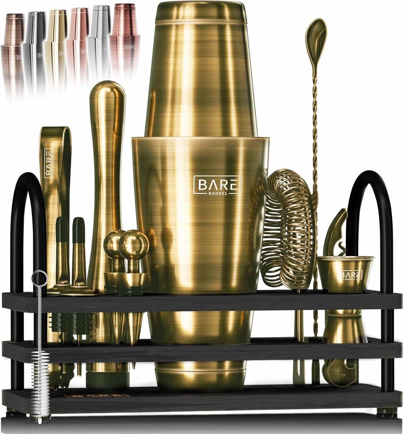 Bare Barrel ® Mixology Bartender Kit Bar Set | 14-Piece Cocktail Shaker Set | Martini Barware Mixing Tools for Home Bartending | 35 Recipe Cards | Gift Set (28oz Boston Shaker, Bronze Brass/Black) - Image 1
