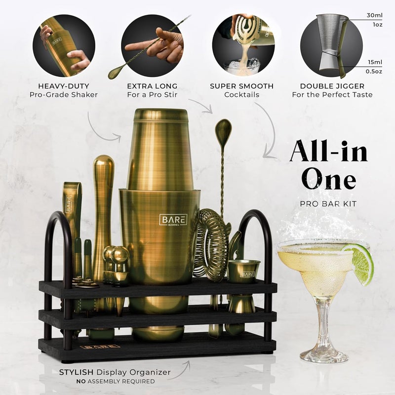 Bare Barrel ® Mixology Bartender Kit Bar Set | 14-Piece Cocktail Shaker Set | Martini Barware Mixing Tools for Home Bartending | 35 Recipe Cards | Gift Set (28oz Boston Shaker, Bronze Brass/Black) - Image 2
