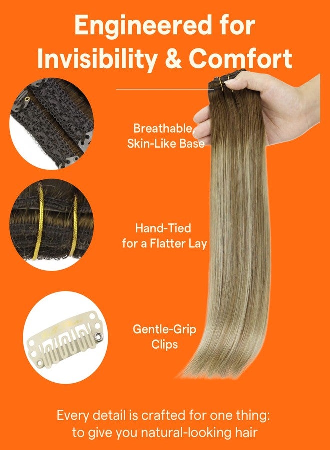 Full Shine Ombre Clip in Extensions Medium Brown to Ash Brown Mix Dirty Blonde 18 Inch Straight Clip in Hair Extensions Real Human Hair Invisible Lace Weft Clip ins 3 Pcs 60g - Image 3