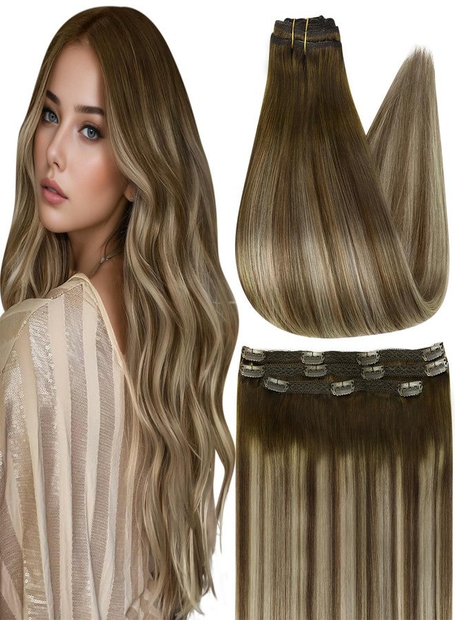 Full Shine Ombre Clip in Extensions Medium Brown to Ash Brown Mix Dirty Blonde 18 Inch Straight Clip in Hair Extensions Real Human Hair Invisible Lace Weft Clip ins 3 Pcs 60g - Image 1