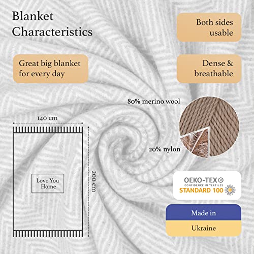 LYHome Merino Wool Blanket - Warm Throw for Cold Weather, Warmest Travel Outdoor Camping Blankets, Picnic Army and Military Throws, Comforter Soft & Cozy (55" x 79" Dark Grey with White Chevron) - Image 3