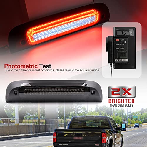 NSLUMO Led Third Brake Light Replacement for 2014-2018 Chevy Silverado GMC Sierra 1500 2500HD 3500HD Red Strobe Rear 3rd Brake Center High Mount Stop Lamp + White Cargo Light Kit Euro Smoked Lens - Image 2