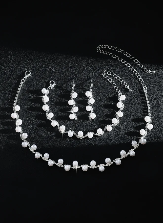 تايك تو مجموعة من قلادة وسوار وأقراط بلؤلؤ صناعي وأحجار الراين