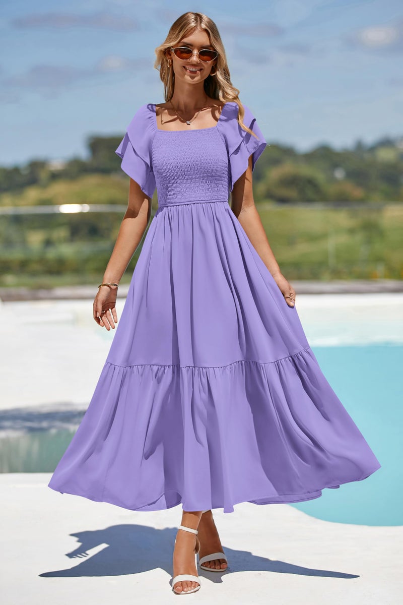 MASCOMODA Womens Summer Casual Midi Dress Square Neck Ruffle Short Sleeve Smocked High Waist A Line Wedding Guest Dresses(Purple,Large) - Image 5