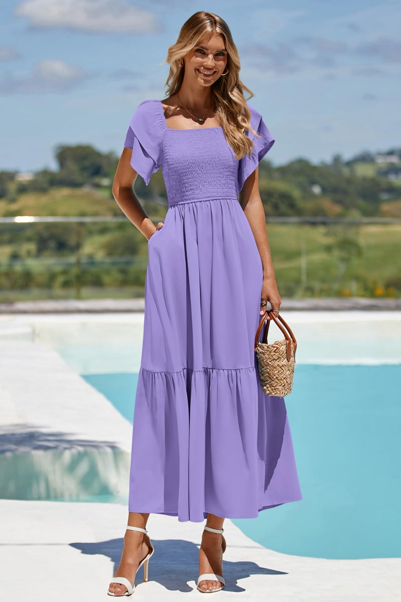 MASCOMODA Womens Summer Casual Midi Dress Square Neck Ruffle Short Sleeve Smocked High Waist A Line Wedding Guest Dresses(Purple,Large) - Image 4