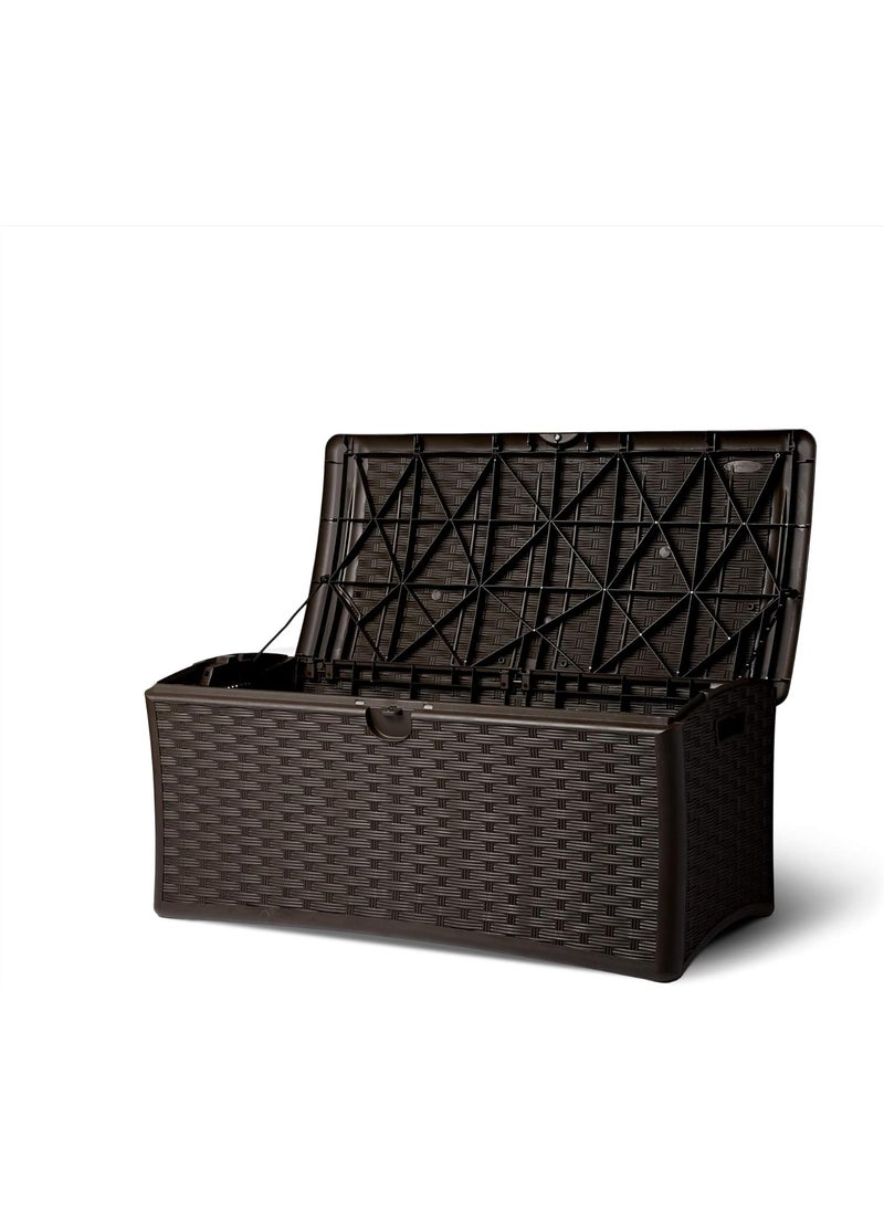 suncast Suncast 72 Gallon Capacity Easy Assembly Plastic Wicker Outdoor Patio Storage Deck Box for Storing Furniture Cushions and Outdoor Accessories Brown  - Image 2