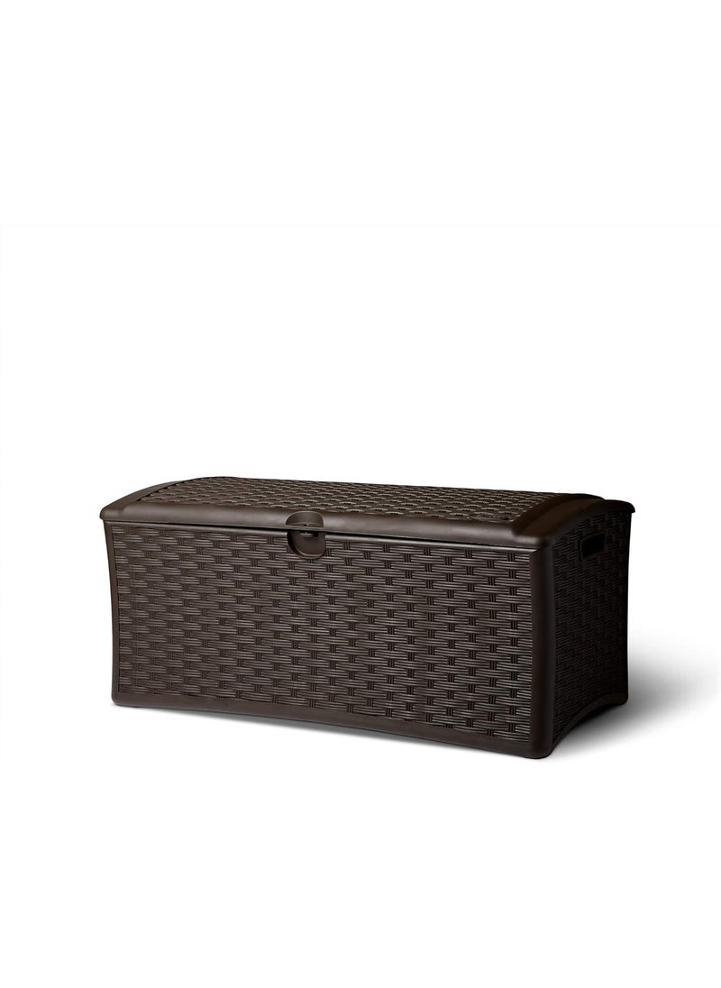 suncast Suncast 72 Gallon Capacity Easy Assembly Plastic Wicker Outdoor Patio Storage Deck Box for Storing Furniture Cushions and Outdoor Accessories Brown  - Image 1