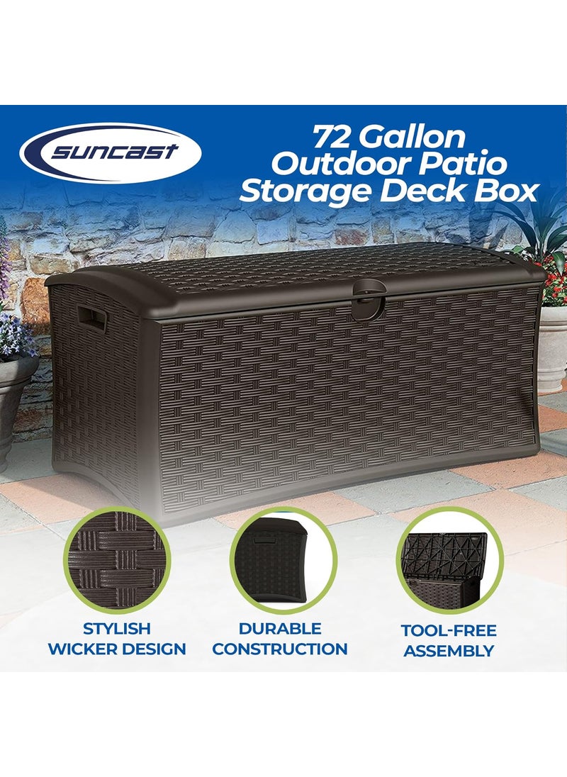 suncast Suncast 72 Gallon Capacity Easy Assembly Plastic Wicker Outdoor Patio Storage Deck Box for Storing Furniture Cushions and Outdoor Accessories Brown  - Image 3