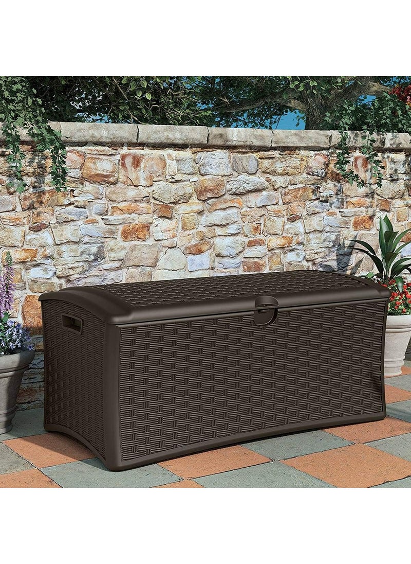 suncast Suncast 72 Gallon Capacity Easy Assembly Plastic Wicker Outdoor Patio Storage Deck Box for Storing Furniture Cushions and Outdoor Accessories Brown  - Image 5