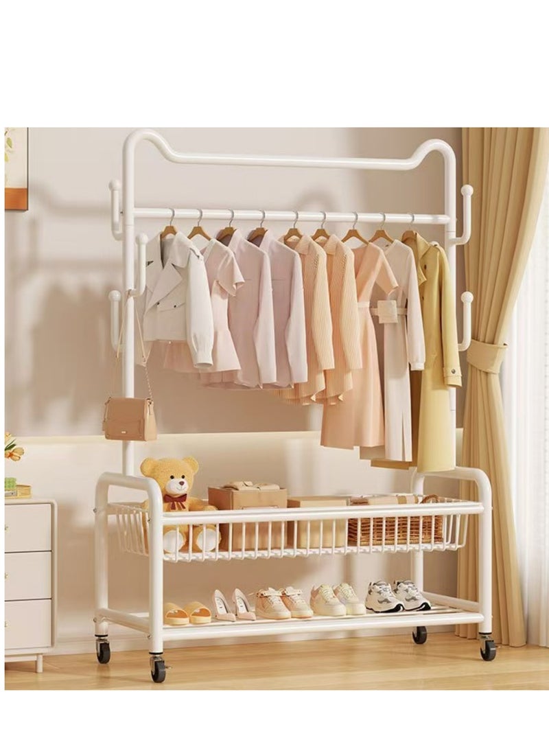 Rolling Garment Rack with Storage Basket, Metal Clothing Stand with Wheels, Sturdy Metal Frame, Adjustable Rod, Space-Saving Design, White clothes rack - Image 1