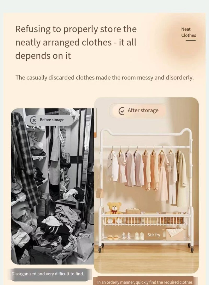 Rolling Garment Rack with Storage Basket, Metal Clothing Stand with Wheels, Sturdy Metal Frame, Adjustable Rod, Space-Saving Design, White clothes rack - Image 4