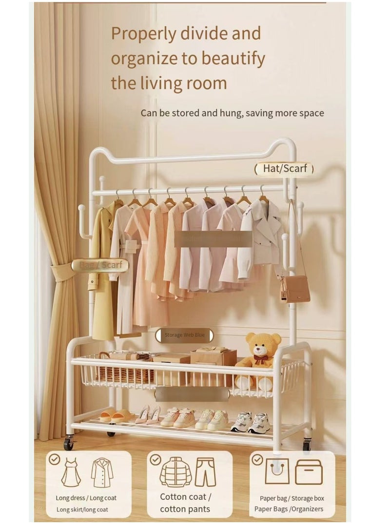 Rolling Garment Rack with Storage Basket, Metal Clothing Stand with Wheels, Sturdy Metal Frame, Adjustable Rod, Space-Saving Design, White clothes rack - Image 5