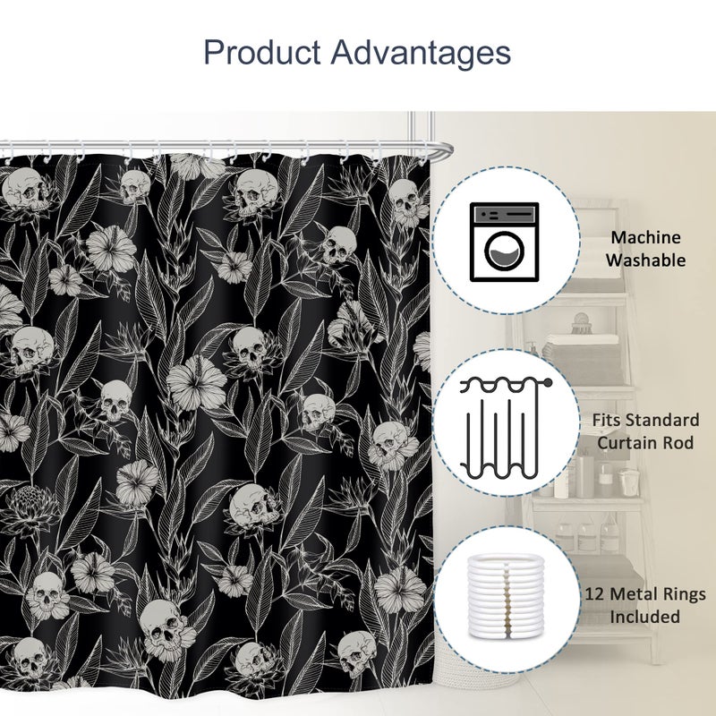 AMBZEK Gothic Skull Floral Shower Curtain 60Wx72L Inch Men Goth Skeleton Spooky Sugar Skull Flower Leaves Cool Halloween Artwork Cloth Fabric Waterproof Polyester Bathroom Decor Set with 12 Pack Hooks - Image 3