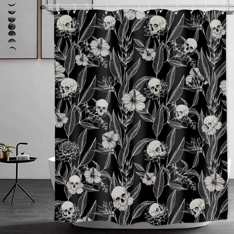 AMBZEK Gothic Skull Floral Shower Curtain 60Wx72L Inch Men Goth Skeleton Spooky Sugar Skull Flower Leaves Cool Halloween Artwork Cloth Fabric Waterproof Polyester Bathroom Decor Set with 12 Pack Hooks - Image 2