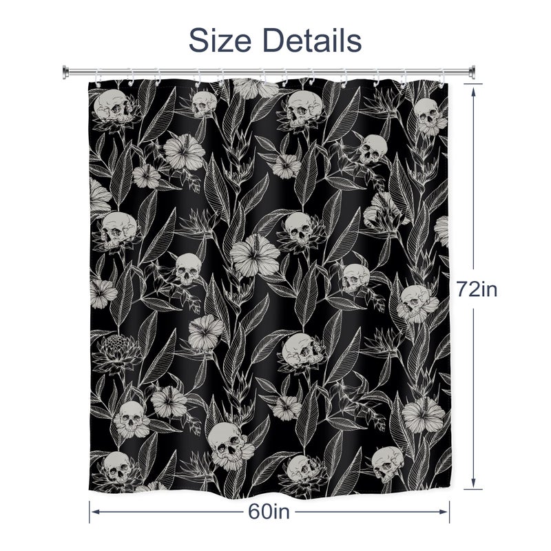 AMBZEK Gothic Skull Floral Shower Curtain 60Wx72L Inch Men Goth Skeleton Spooky Sugar Skull Flower Leaves Cool Halloween Artwork Cloth Fabric Waterproof Polyester Bathroom Decor Set with 12 Pack Hooks - Image 5