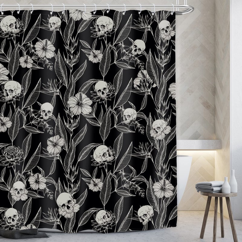 AMBZEK Gothic Skull Floral Shower Curtain 60Wx72L Inch Men Goth Skeleton Spooky Sugar Skull Flower Leaves Cool Halloween Artwork Cloth Fabric Waterproof Polyester Bathroom Decor Set with 12 Pack Hooks - Image 1