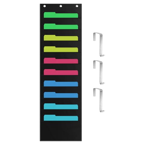 ZKOO 10 Pockets Hanging Wall File Organizer for A4 Size Paper/Legal/Letter Size Document, Sturdy Wall Mail Organizer Black Pocket Chart Great for Classroom, Office, Home Use with 3 Hangers - Image 1