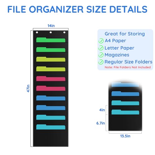 ZKOO 10 Pockets Hanging Wall File Organizer for A4 Size Paper/Legal/Letter Size Document, Sturdy Wall Mail Organizer Black Pocket Chart Great for Classroom, Office, Home Use with 3 Hangers - Image 2