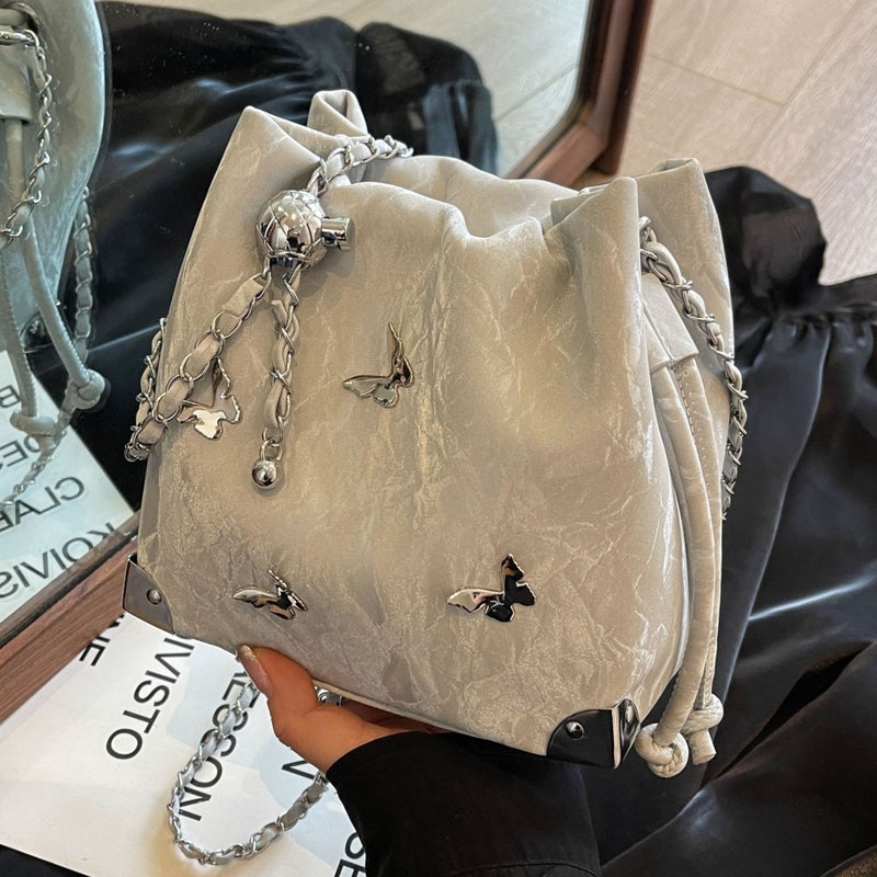 High-End Sense Metal Bow Bucket Bag Women'S 2024 Stylish Niche Drawstring Bag Fashion Women'S Bag - Image 2