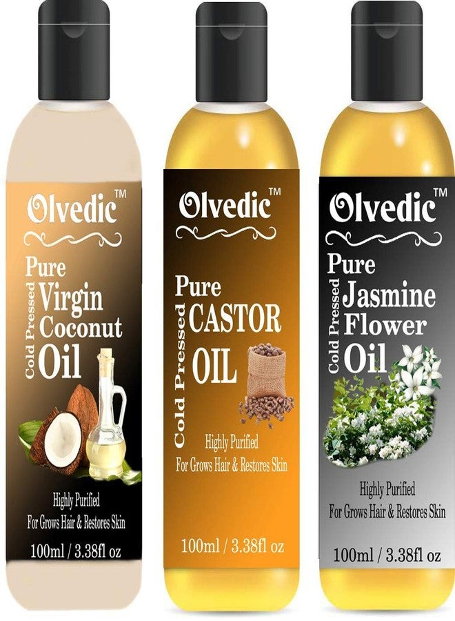 OLVEDIC 100% Pure & Natural Coconut & Castor Oil & Jasmine Oil in Combo Pack of 3 (100 ml each) - Image 1