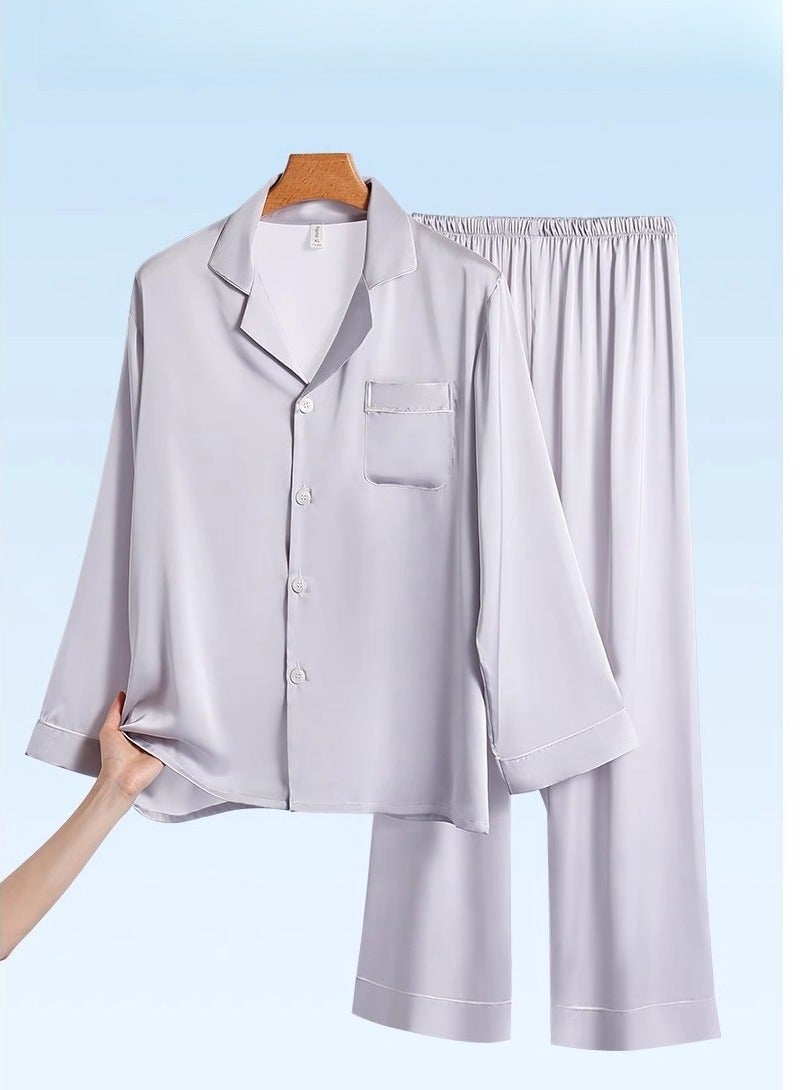 MIIOW Ice Silk Sleepwear Men's Simulated Silk Long Sleeved High-End Home Suit Set - Image 4