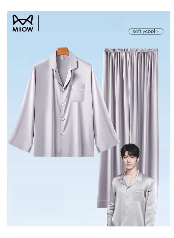 MIIOW - Ice Silk Sleepwear Men's Simulated Silk Long Sleeved High-End Home Suit Set - Image 1