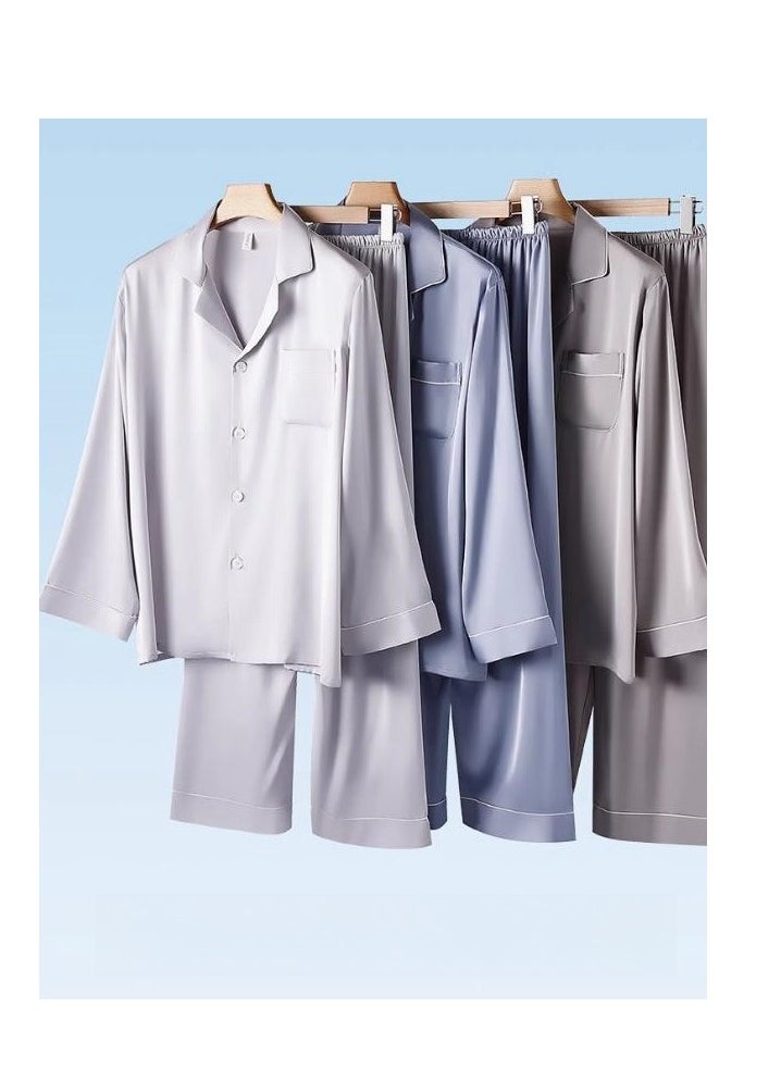 MIIOW - Ice Silk Sleepwear Men's Simulated Silk Long Sleeved High-End Home Suit Set - Image 1