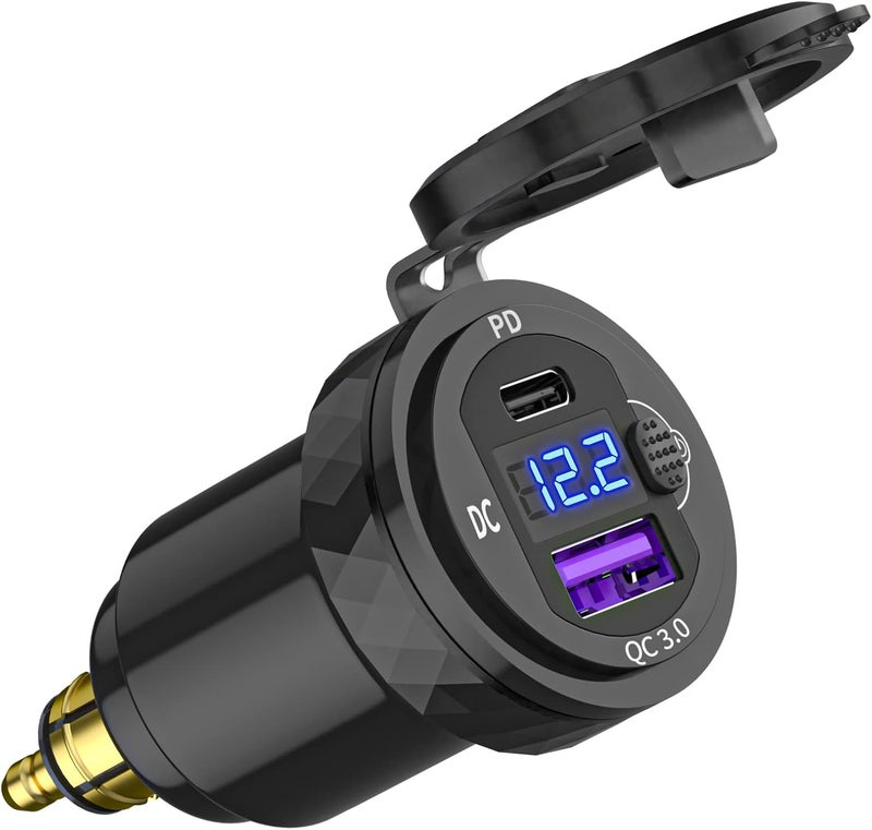 Cllena DIN Hella Plug to USB C PD 3.0 & QC 3.0 USB Charger Socket Power Adapter with Voltmeter and ON-Off Switch for BMW Ducati Triumph Motorcycle - Image 1