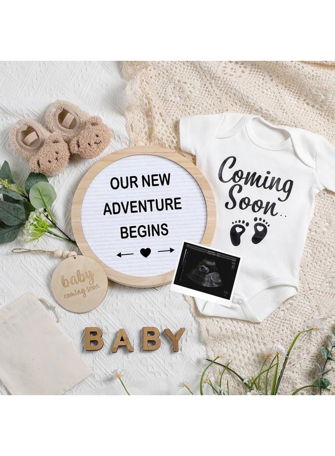 Canlierr 8 Pcs Pregnancy Announcement Set Pregnancy Reveal Ideas Include Felt Letter Round Board Kit Baby Bodysuit Booties Wood Blocks Wooden Signs for Coming Soon Baby Announcement(White) - Image 1