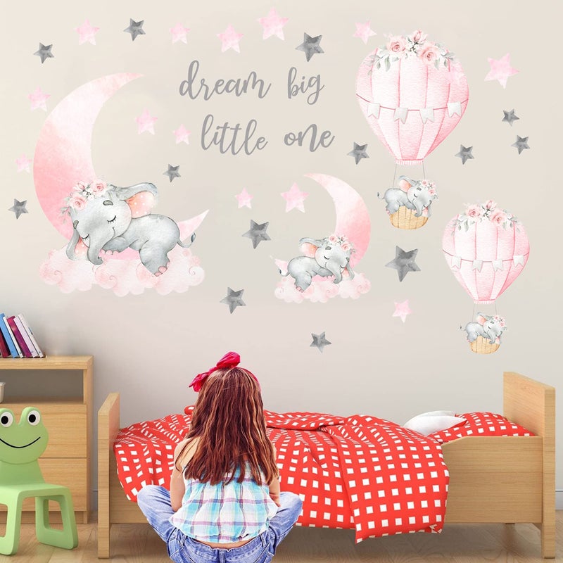 WEWINLE Dream Big Little One Elephant Wall Stickers, Pink Moon Hot Air Balloon Grey Stars Wall Decals for Nursery Kids Room Living Room Bedroom Decorations Home Decor - Image 2