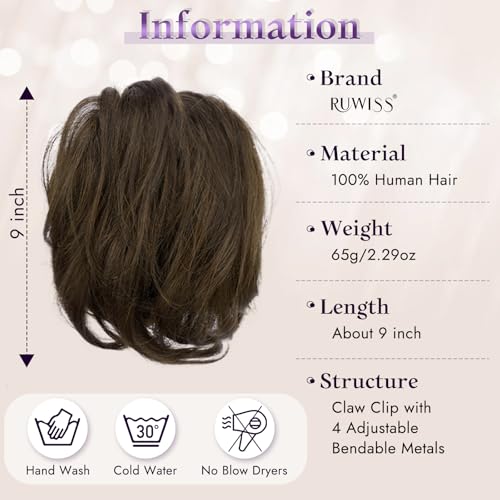 RUWISS Claw Clip Short Human Hair Ponytail Extension with Bendable Metals for DIY Styles Straight Messy Bun Hair Piece for Women Hairpieces for Daily Wear 9 Inch Dark Brown with 15 Dark Cocoa Blonde - Image 3