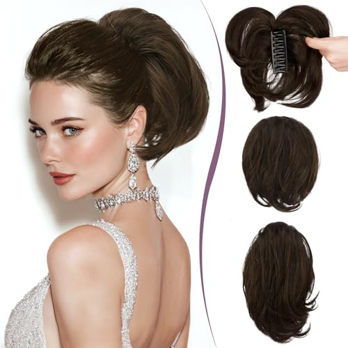 RUWISS Claw Clip Short Human Hair Ponytail Extension with Bendable Metals for DIY Styles Straight Messy Bun Hair Piece for Women Hairpieces for Daily Wear 9 Inch Dark Brown with 15 Dark Cocoa Blonde - Image 1