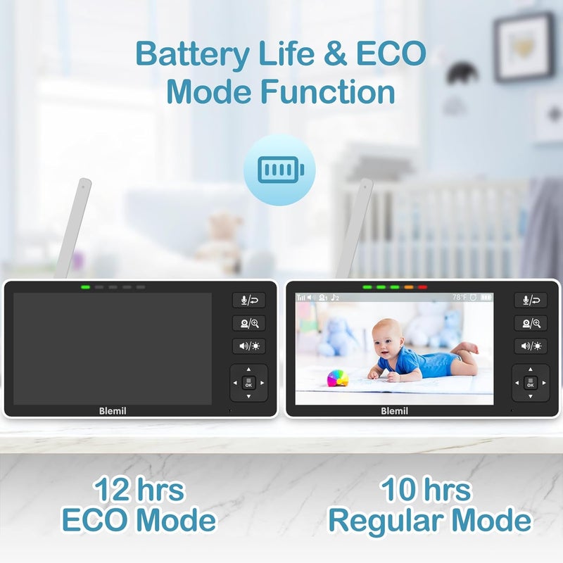 Blemil Baby Monitor 55 HD SplitScreen with 4000mAh Battery Panoramic Zoom Video Baby Monitor with Camera and Audio Infrared Night Vision ECO and TwoWay Calling - Image 4
