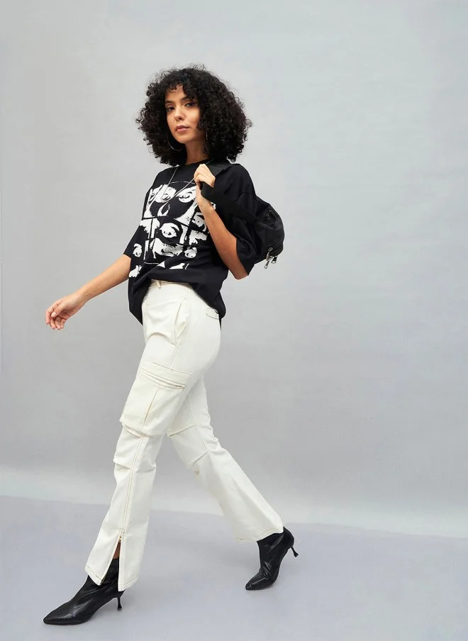ساسافراس Black Graphic Print Oversized T-Shirt for Women