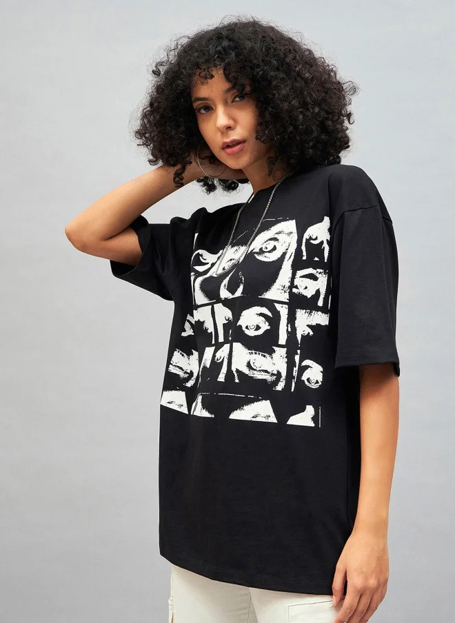 ساسافراس Black Graphic Print Oversized T-Shirt for Women
