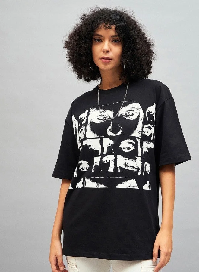 SASSAFRAS Black Graphic Print Oversized T-Shirt for Women