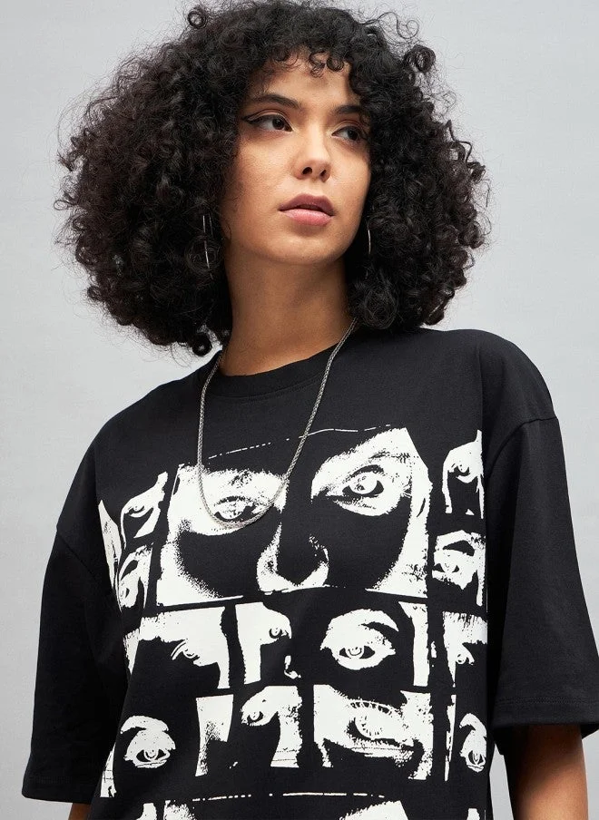 SASSAFRAS Black Graphic Print Oversized T-Shirt for Women