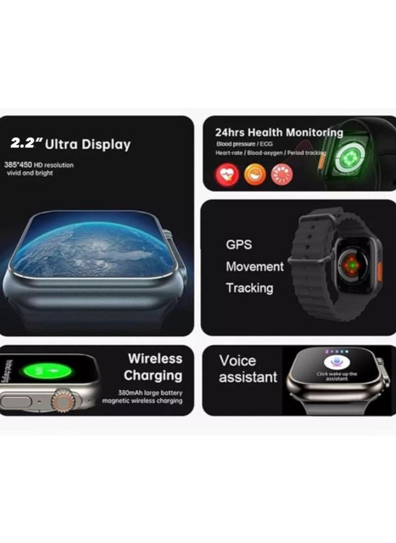 W&O - Wearfit Pro X8 Ultra max Series 8 Smartwatch Screen 2.2 Inch Full Screen  IPS display -NFC - Bluetooth V5 Call- Voice Assistant - Wireless Charging - Waterproof IP67 SmartWatch (Black) - Image 1