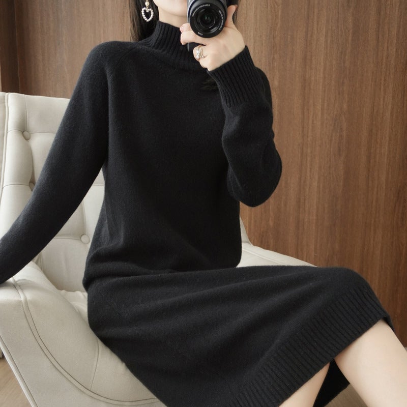 Mid-length Dress Womens 22 Autumn and Winter New Loose Half-high Neck Knitted One-step Skirt Knee Wool Long Sweater Black