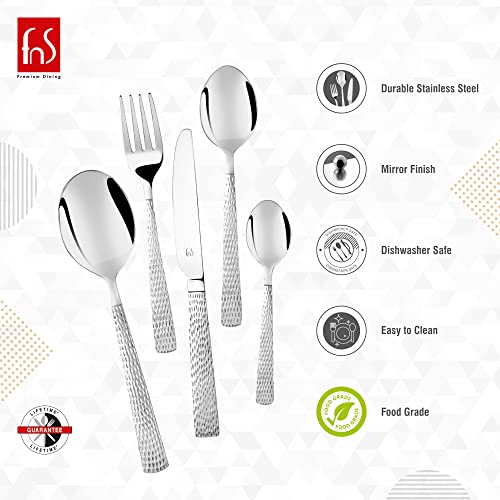 FnS - Stainless Steel, Madrid Style - Hammer Finish Cutlery Set with Leatherette Box, Pack of 26 Units, Silver Color – Includes Dinner Spoons, Forks, Tea Spoons, Knives, Serving Spoons - Image 2